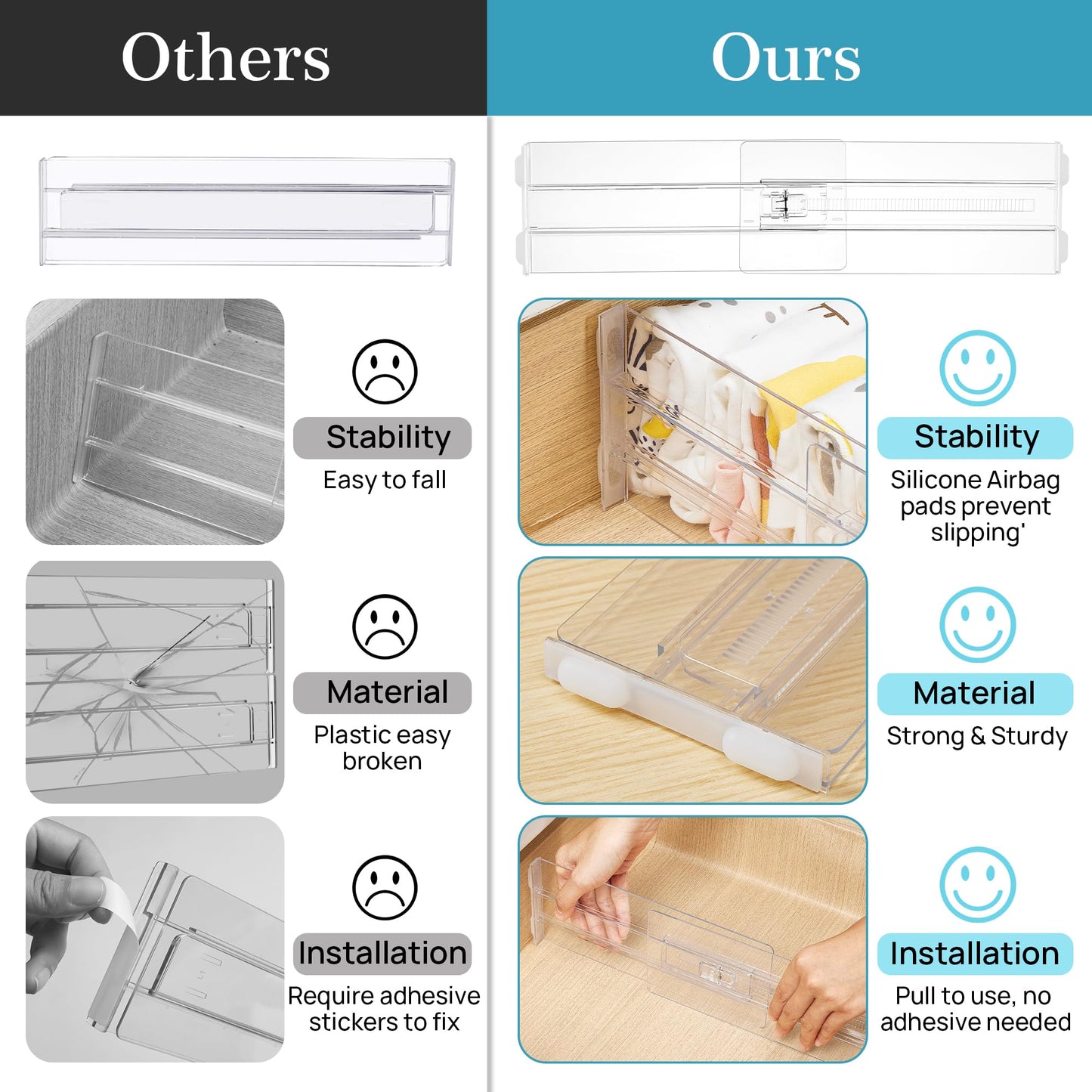 Vtopmart 8 Pack Drawer Dividers for Clothes, 4" High 10.2"-16.5" Adjustable Expandable Dresser Drawer Organizer, Clear Plastic Separators for Dresser, Baby Clothing, Underwear, Cosmetic, Toiletries