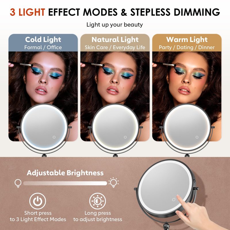ZLOKLA 9" Wall Mounted Lighted Makeup Mirror,4000mAh Rechargeable Double Sided 1X/20X Magnifying Mirror with Light,Touch Dimmable,Extended Arm 360 Rotation Wall Mounted Makeup Mirror 3 Color Lights-B