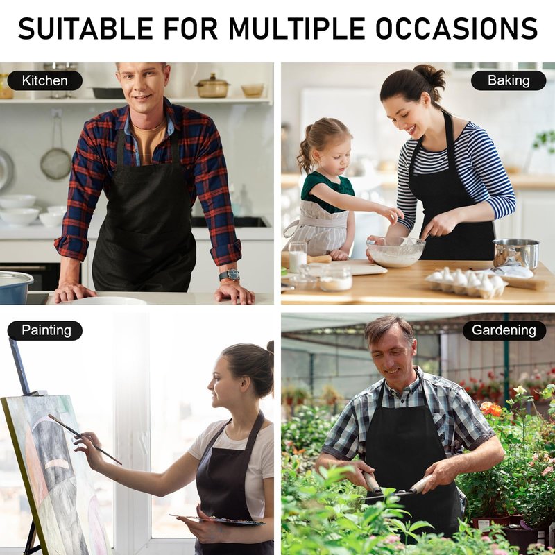 XEMGUE 12 Pack Bib Apron, Unisex Restaurant Kitchen Aprons for Women with 2 Pockets, Chef Aprons for Cooking Men BBQ Painting Drawing Craft Plain Adults, Bulk Black