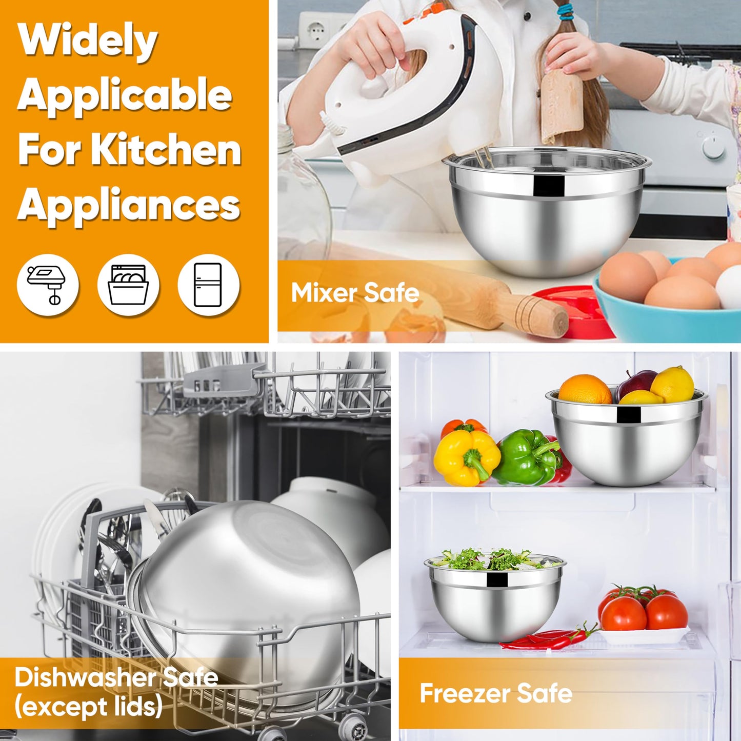 TeamFar Mixing Bowl Set of 5, 4.5/3/1.5/1/0.7 QT, Stainless Steel Metal Nesting Salad Bowl with Lid Set, Ideal for Mixing Serving, Non-Toxic & Sturdy, Airtight Lid & Easy Clean, Black