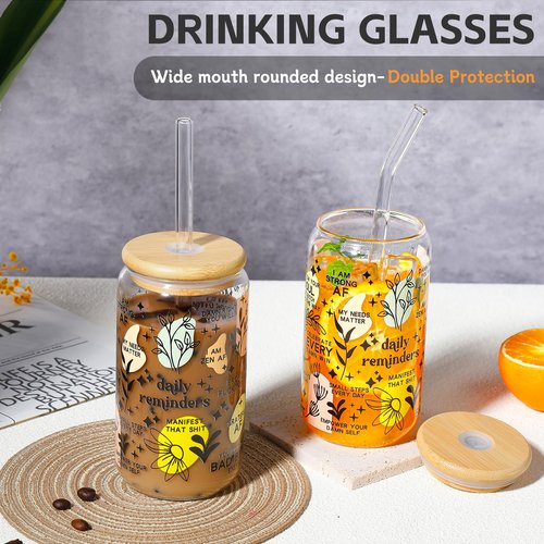DWTS DANWEITESI Glass Cups with Lids and Straws with Design 4 pcs(Daily Reminder),Clear Glass Cups 16 oz-Glass Tumbler,Cute Design Glass Iced Coffee Cups Mental Health Positive