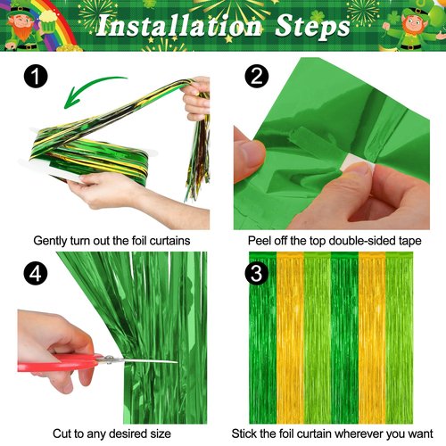 2 Pack St Patrick Party Decorations, 3.28 FT x 7.05 FT Green Gold Light Green Backdrop Curtains, Metallic St.Patrick Fringe Curtains Party Streamer Tinsel Backdrop, St Patrick Party Supplies
