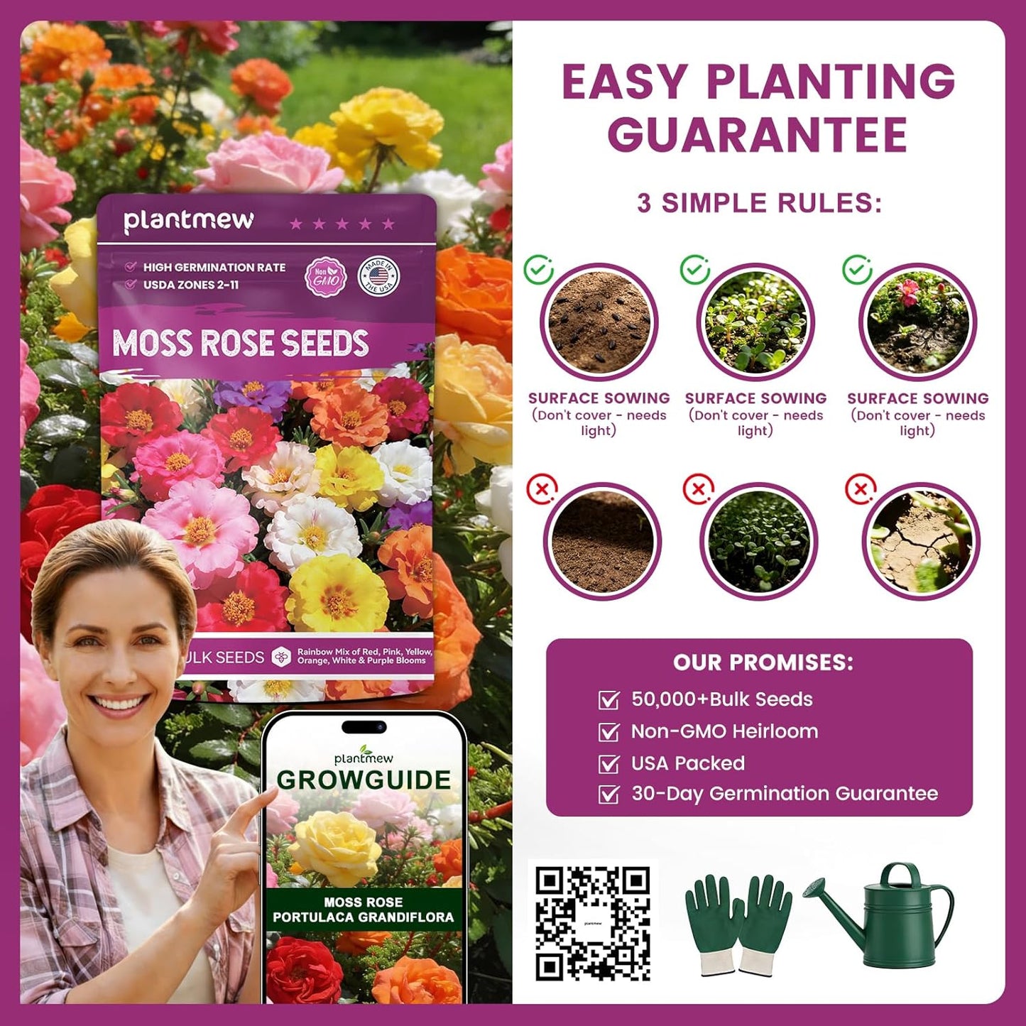 Moss Rose Seeds - 50,000+ Non-GMO Heirloom Portulaca Seeds | Drought-Tolerant Rainbow Mix for Outdoors