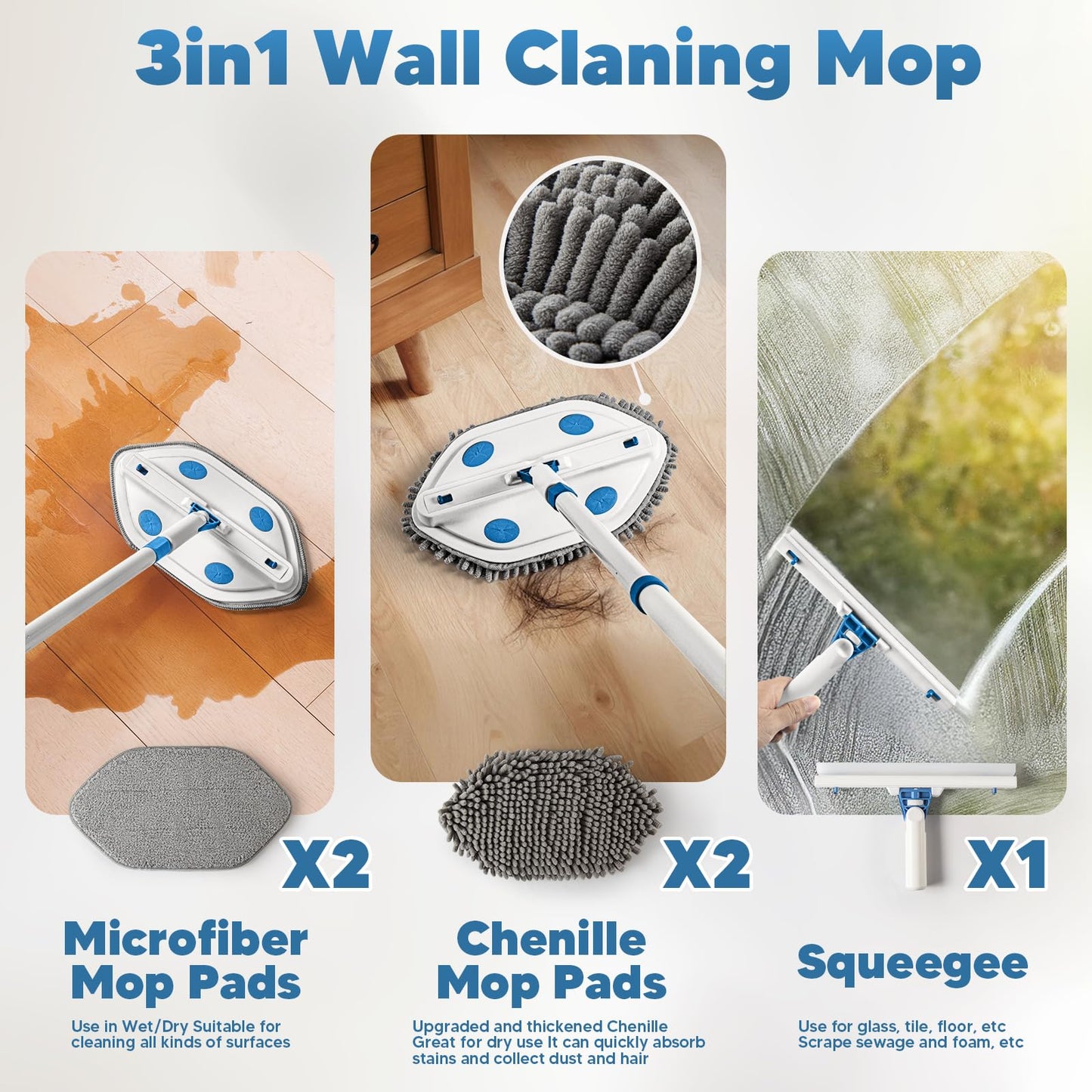 Wall Cleaner Mop with Long Handle 80 Inches,Wall Scrubber,Ceiling Cleaning Tool with Squeegee,Baseboard Cleaner Duster with 4 Reusable Pads.Dust Mop for Painted Walls, Window, Floor.
