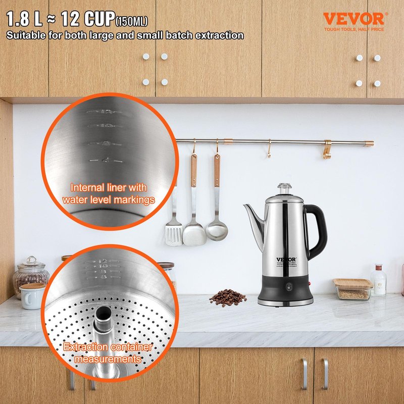 VEVOR 12-Cup Electric Percolator Coffee Pot, 304 Stainless Steel Body Coffee Percolator with Keep Warm Function & Heat-Resistant Handle, Classic Coffee Maker, Quick Brew & Easy-Pour Spout, Silver