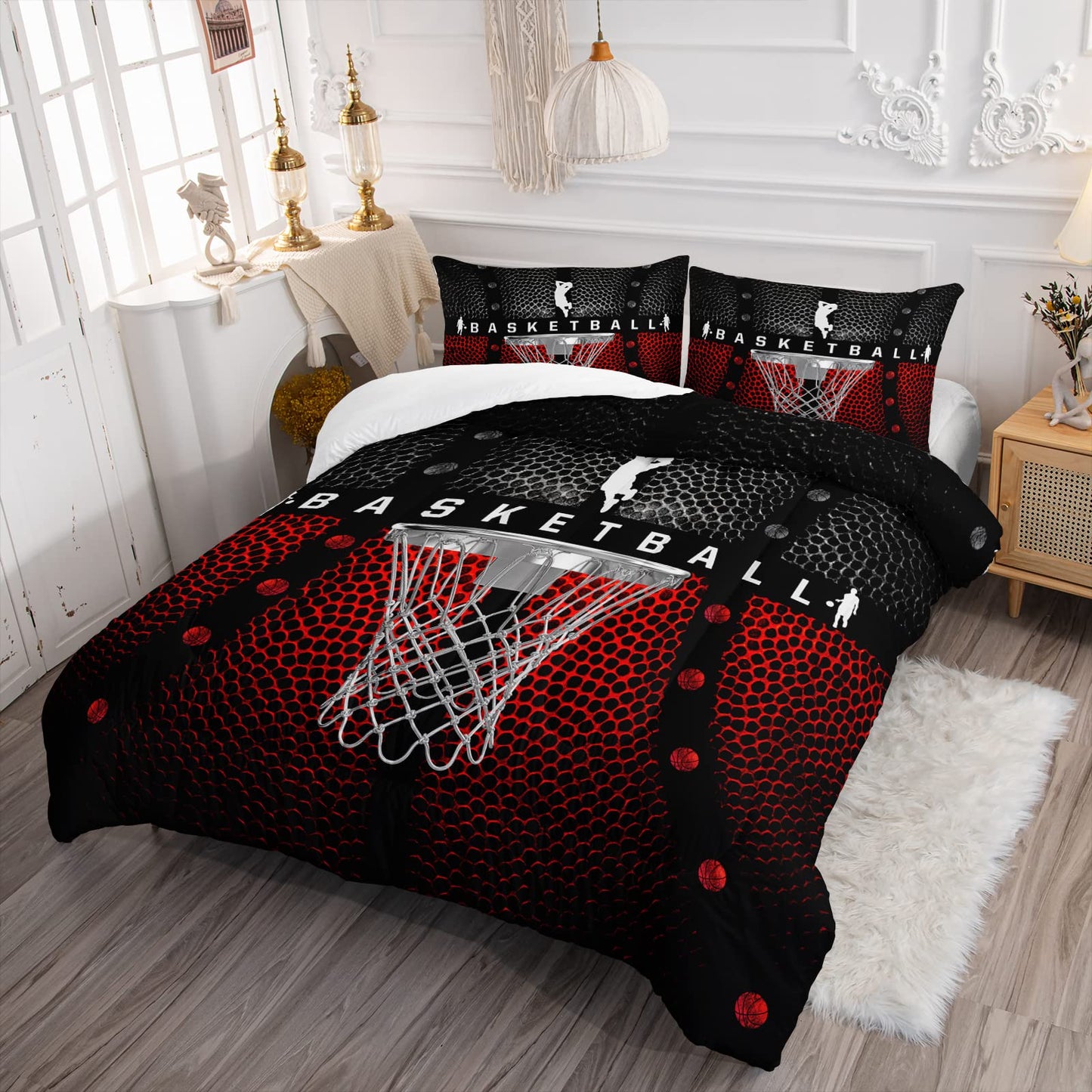 Axolotl Basketball Bedding Set for Boys Kids Teens,Soft Microfiber Black and Red Sports Theme Basketball Bedding Sets Full Size with 1 Comforter and 2 Pillowcases All Season