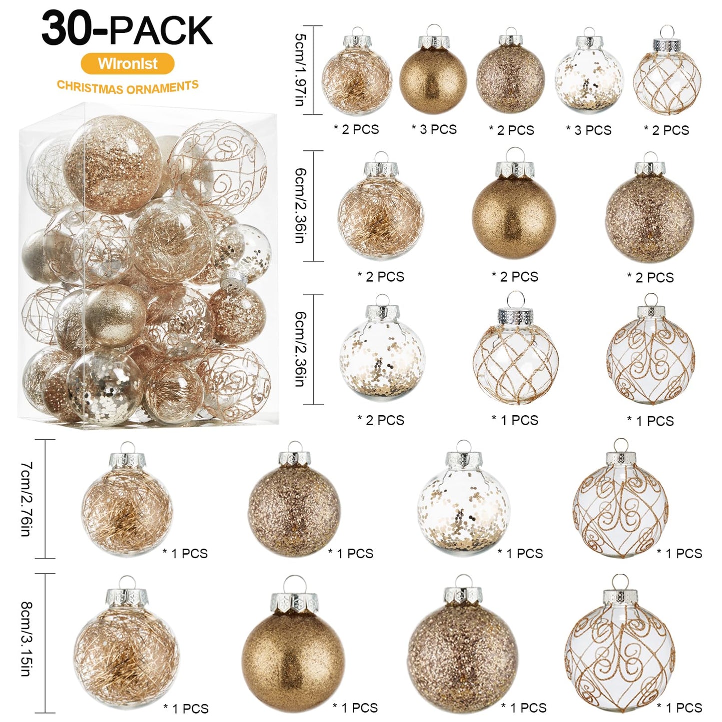Wironlst Christmas Ball Ornaments Shatterproof Clear Large Plastic Hanging Ball Decorative Baubles Set with Stuffed Delicate Decorations (Multi-Size, Champagne)