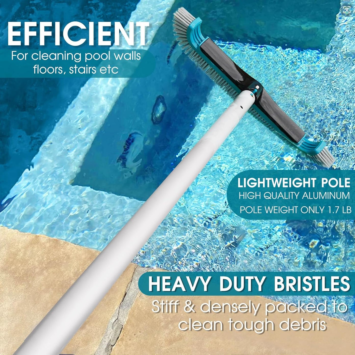 Skiennix Swimming Pool Cleaning Kit - Aluminum Frame Skimmer Net & 10Ft Adjustable Pole | 17.5” Brush Head