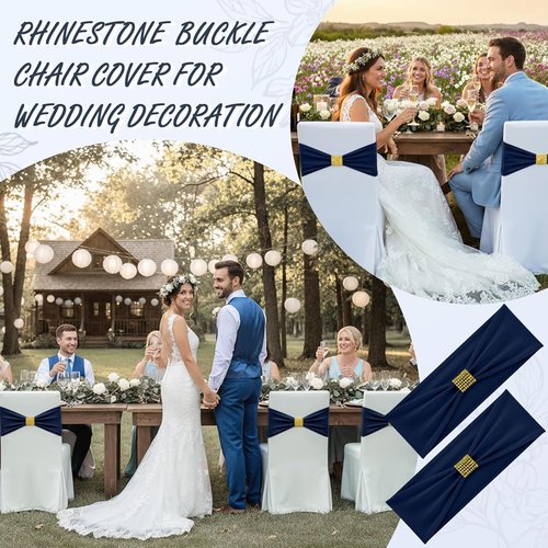 Hahafelt Spandex Chair Sashes with Rhinestone Buckle - 100 Pcs Navy Blue Bowknot Ties for Weddings & Events