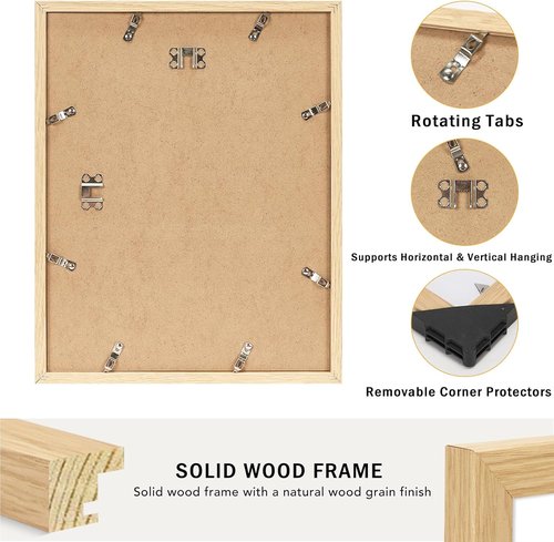 JCJMY Solid Wood Picture Frame - Display 8x10 with Mat or 11x14 Without - Natural Finish, Shatter Resistant Plexiglass