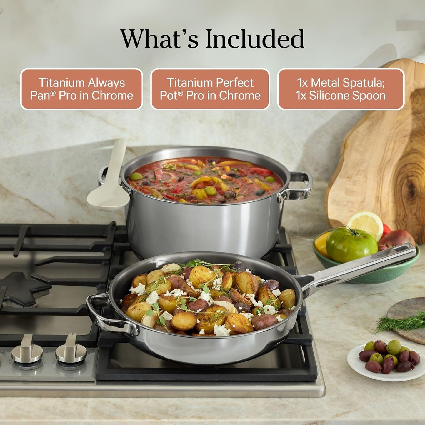 Our Place Titanium Pro Cookware Duo - Always Pan Pro & Perfect Pot Pro | Nonstick, Tri-Ply Titanium & Stainless Steel | Oven Safe Up to 1000°F | Chrome Finish