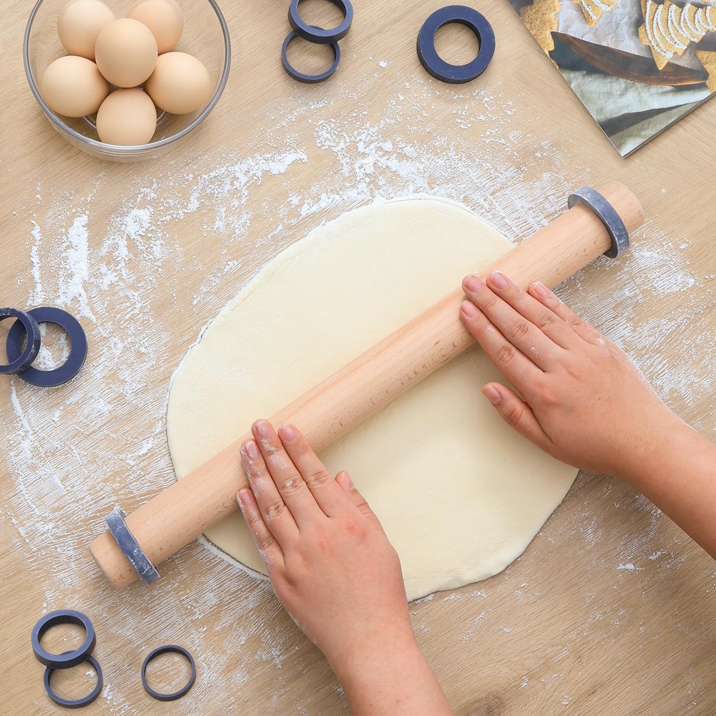 Adjustable 17.5 Inches Wood Rolling Pin with Thickness Rings for Baking -Non Stick Wooden Dough Roller Pin with Spacer Bands for Cookie,Pie Crust, Pastry Fondant By Folksy Super Kitchen(17.5, Grey)
