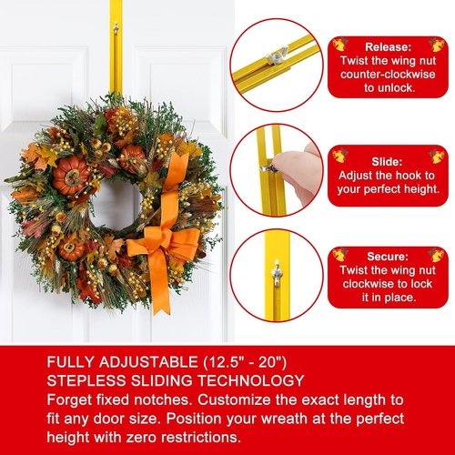 Gold Wreath Hanger - Adjustable Over The Door Hook (15-25 Inch) | Heavy Duty Metal Holder for Seasonal Decor