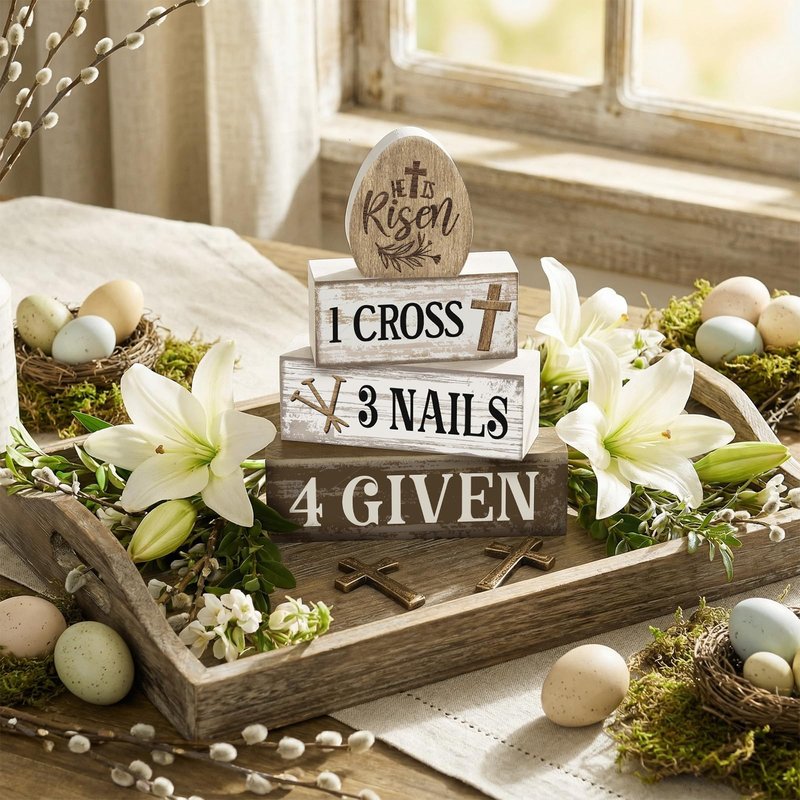 Lineshading 4 Pcs Easter Table Decoration Easter Gifts He Is Risen Tiered Tray Decor Christian Gifts Wooden Eggs Basket Stuffers Centerpieces for Holy Week Home Kitchen Party Decorations
