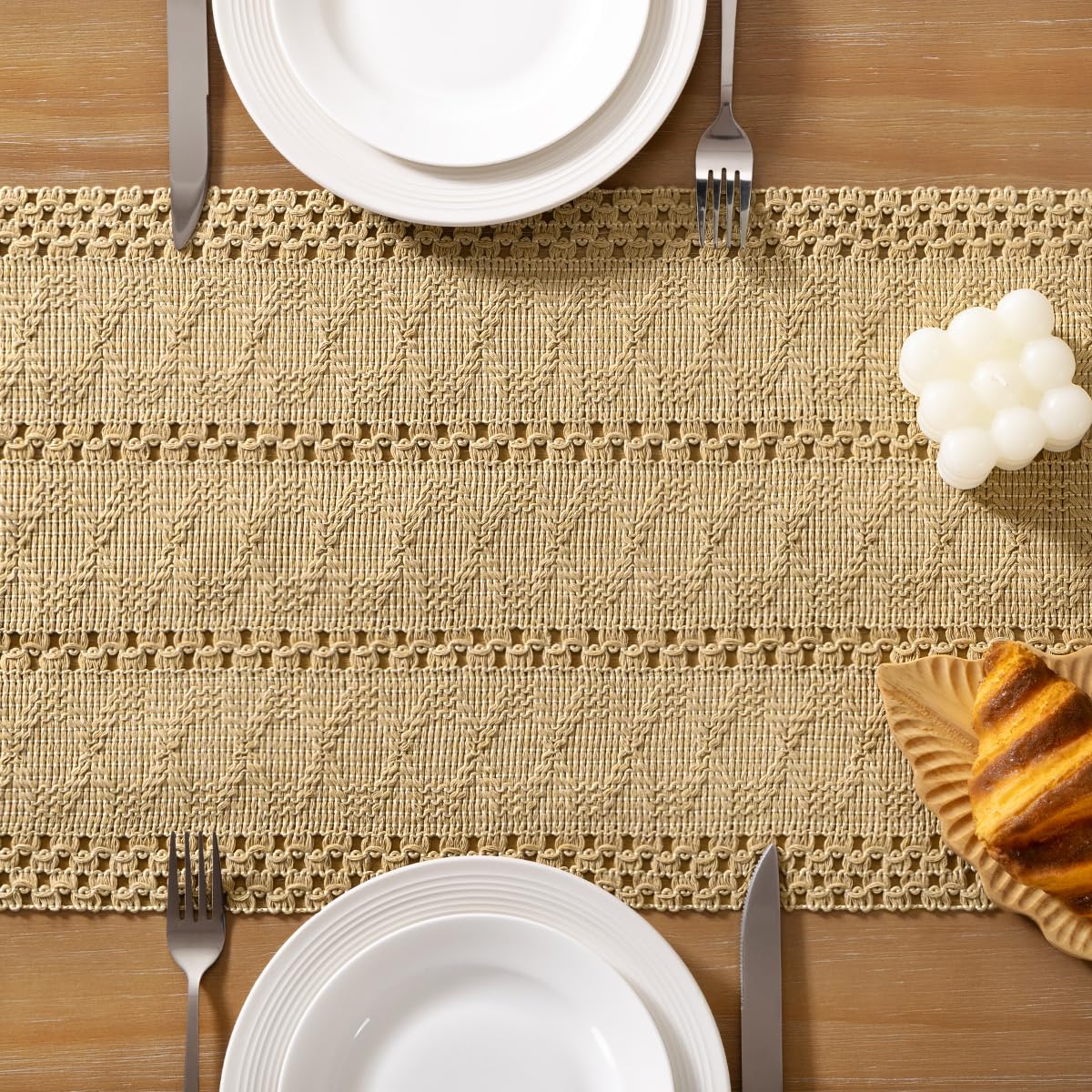 Socomi Boho Table Runner Summer Farmhouse Rustic Dining Kitchen Centerpiece Decor Small Macrame Woven Cotton Linen Coffee Table Runner for Dresser Scarf Home Decor 12x36 inch Champagne