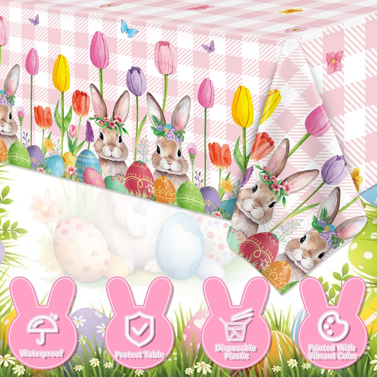 TJYJOY 4 Pack Easter Tablecloth Spring Tulip Buffalo Bunny Table Cloth Disposable Rectangle Table Covers Easter Decorations for Picnic Spring Birthday Party Supplies 51 x 86in