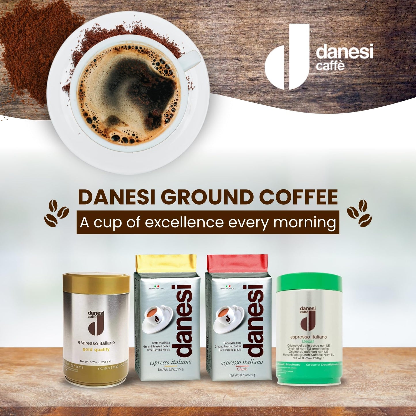 Danesi Caffe Italian Ground Coffee - Fine Medium Roast Espresso Coffee Grounds for Moka Pot, French Press, and Drip Brew - Decaf (8.75 oz, 1 Pack)