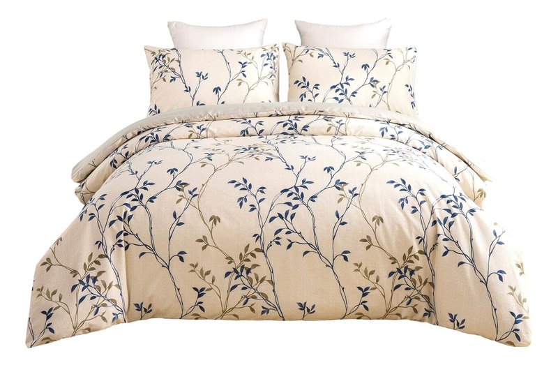 Tache Elegant Leaf Vine Nature Earthy Floral Neutral Cream Beige Tan Blue Breathable Poplin Cotton Zipper Duvet Cover, California King