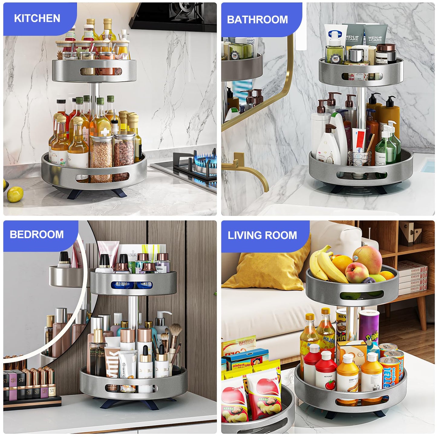2 Tier Lazy Susan Organizer,Organizer Spice Rack for Kitchen Cabinet,Turntable Organizer for Cabinet Pantry Table Organization,12inch Silver