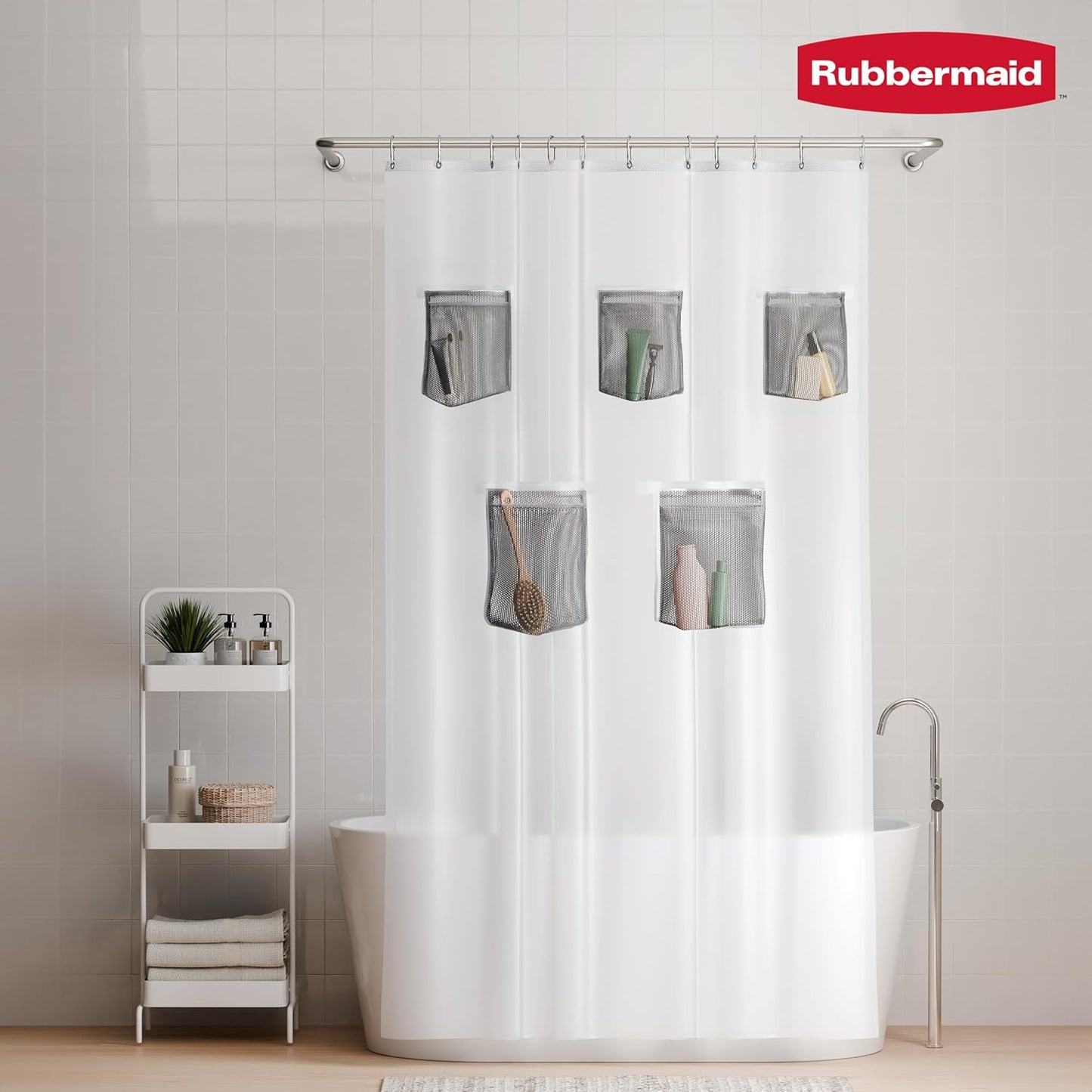 Rubbermaid Waterproof Shower Curtain Liner - Heavyweight PEVA with 5 Storage Pockets | 70x72, Frosty