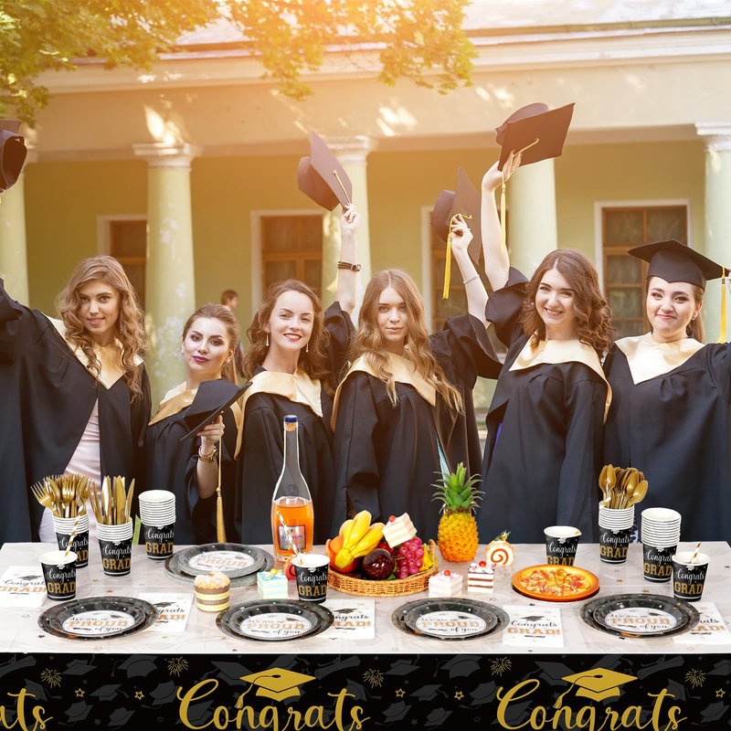 Graduation Party Supplies Congrats Grad Plates and Napkins Set Disposable Tableware Paper Plates Napkins Cup Knive Spoon Fork Straw for Class of 2026 Graduation Party Decorations Serve 100(Black Gold)