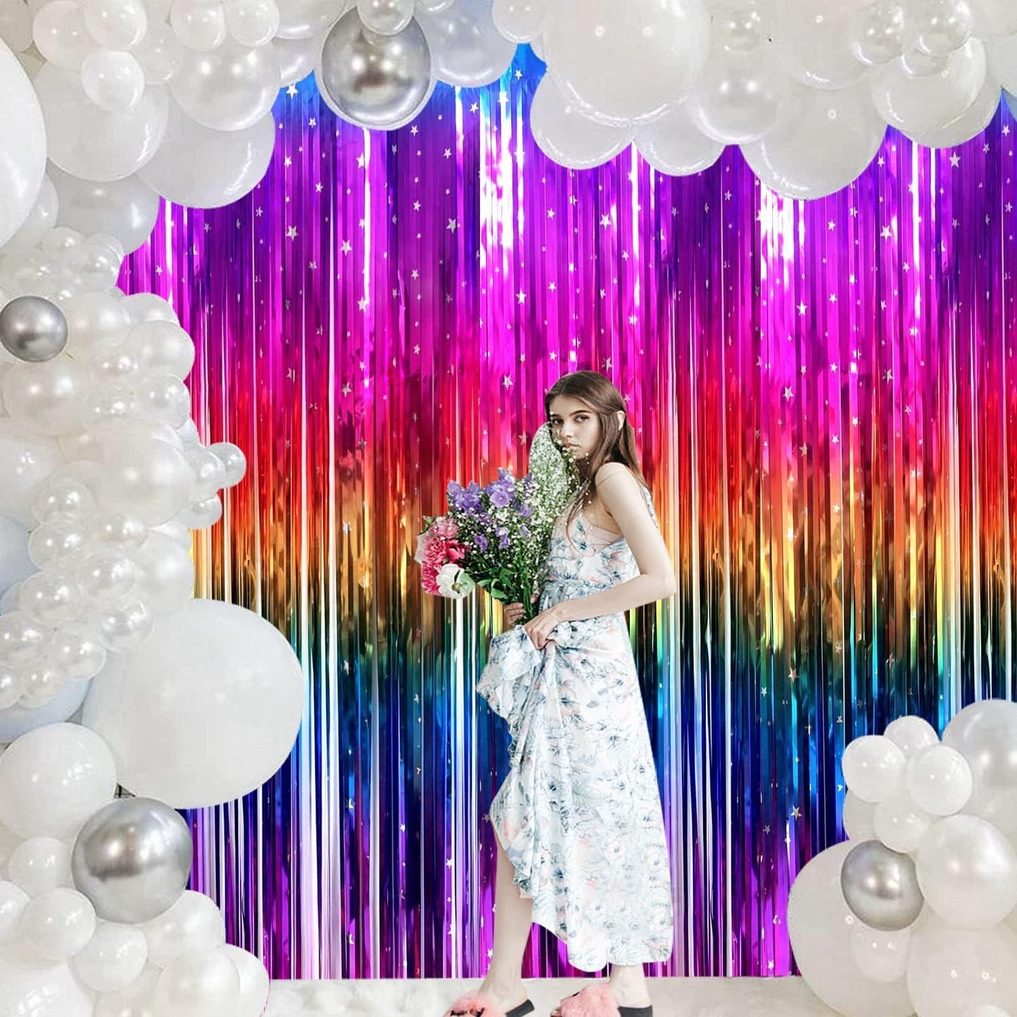 Rainbow Tinsel Foil Fringe Curtains - 2 Pack Metallic Streamers for Party Decor | 3.3x6.6ft Backdrop