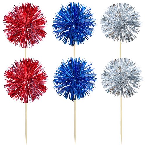 Gyufise 30Pcs Foil Firework Cupcake Toppers Sparkle Tinsel Cake Toppers Tinsel Drink Cake Decoration Cocktail Picks for Birthday Wedding Graduation Party Supplies Silver Dark Blue Red