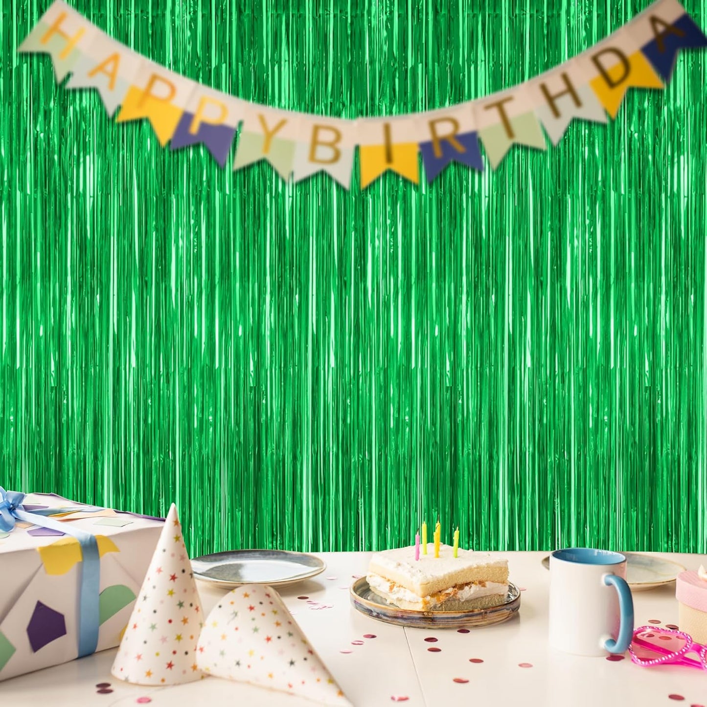Skiennix 8 Pack Green Streamers - 3.28 FT x 7.05 FT Dinosaur Backdrop & Metallic Tinsel Curtains | Jungle Party Decor