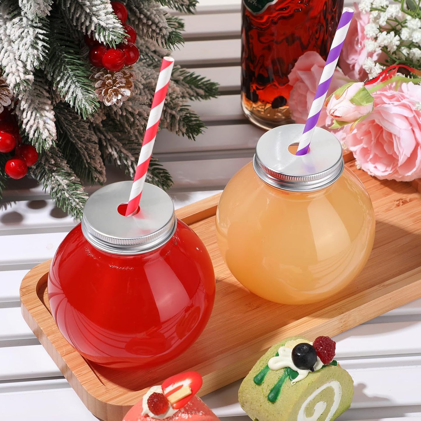 Yaomiao 24 Pcs 10 oz Mini Plastic Fish Bowl Ornament Cups for Drinks Clear Spherical Potion Bottles with Lids and Straws Bulb Cups for Christmas Carnival Candy Party Decorations (Red)