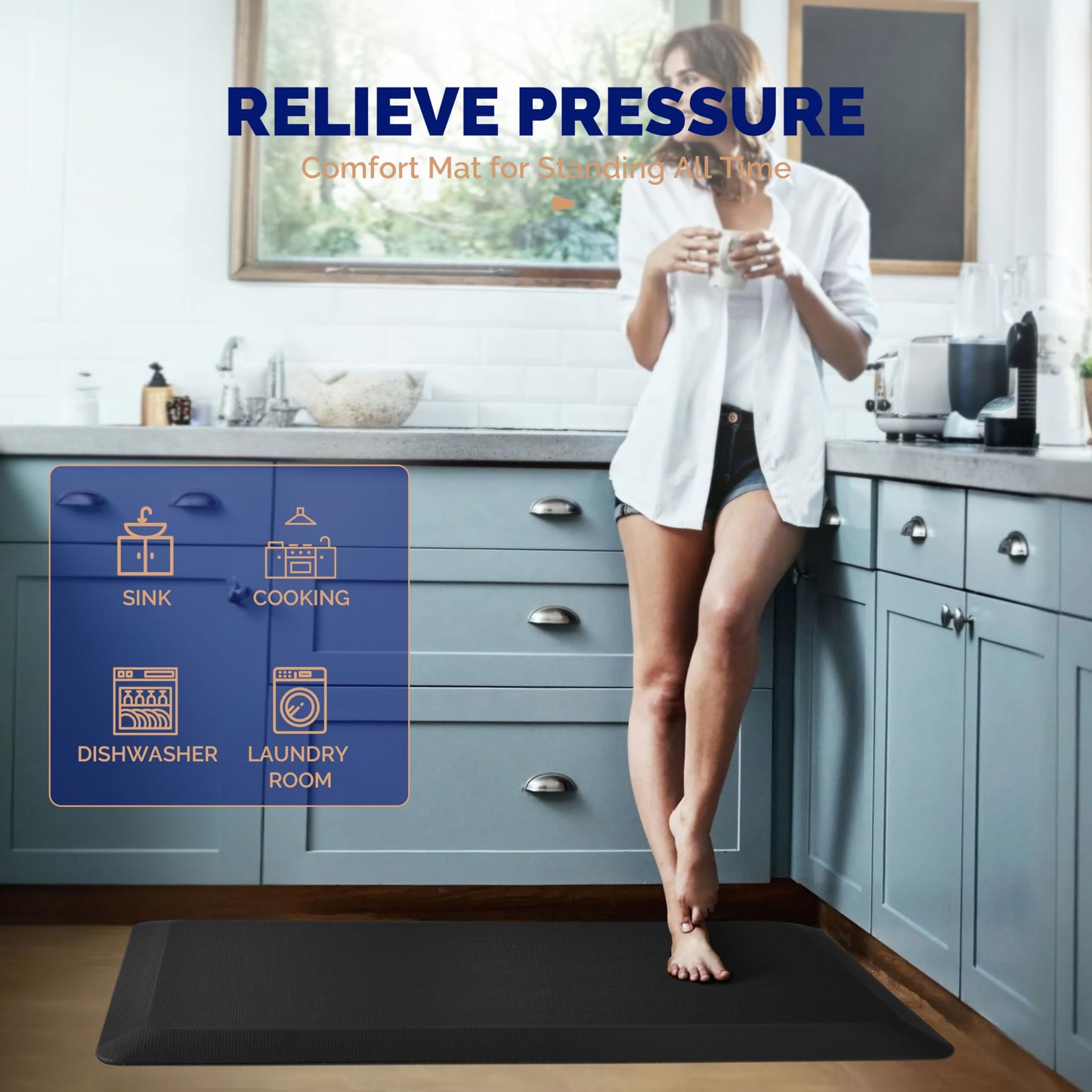 FEATOL 2 Packs Kitchen Mats Cushioned Anti Fatigue – 9/10 Extra Thick Standing Desk Mat Memory Foam, Ergonomic Floor Padded Comfort at Home, Kitchen, Office, Garage – NOT PVC (17" x 24", Black)