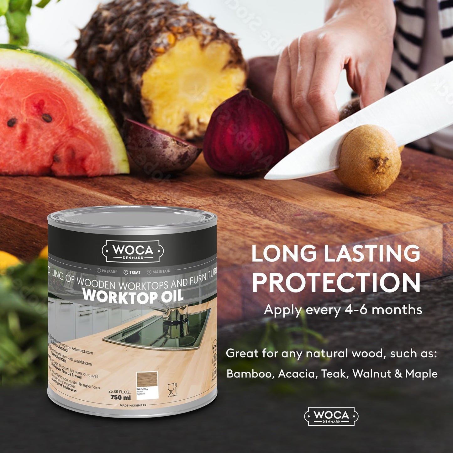 WOCA Denmark Worktop Oil Natural |750 ml| Finish & Restore Wood Butcher Block countertops, Cutting Boards, Kitchen Furniture and Other Wood Items Naturally. Food Contact Safe