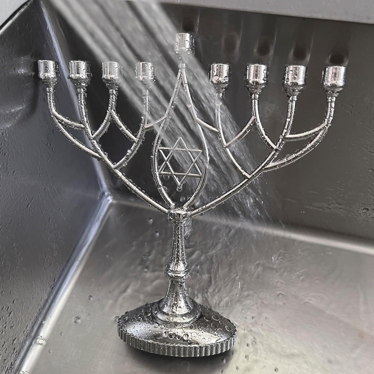 Silver Plated Geometric Hanukkah Menorah - 9" Classic Chanukah Candle Holder by Zion Judaica