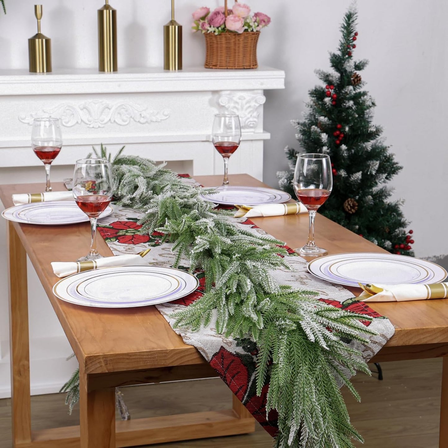 Snow Flocked Norfolk Pine Garlands, 108 Inch Real Touch Winter Pine Garland, Green Artificial Greenery Garland for Table, Mantle, Wall, Indoor, Outdoor Christmas Decorations