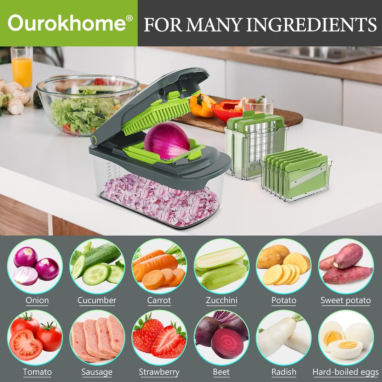 Ourokhome Food Chopper - Manual Handheld Vegetable Slicer with 8 Blades | Essential Kitchen Gadget (Gray)
