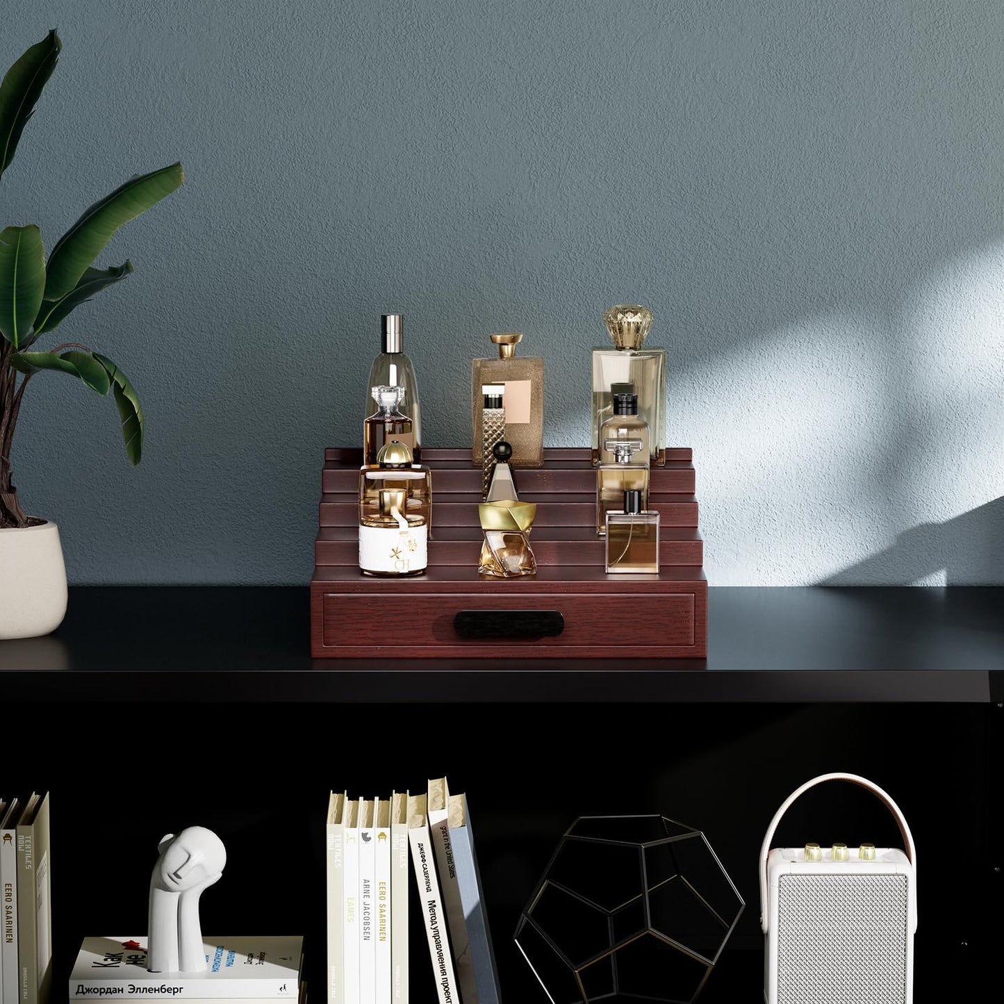 ProCase 4 Tiers Wooden Cologne Organizer for Men, Perfume Display Stand Shelf with Drawer, Men's Cologne Storage Rack, A Perfect Cologne Holder Gift for Men -Espresso