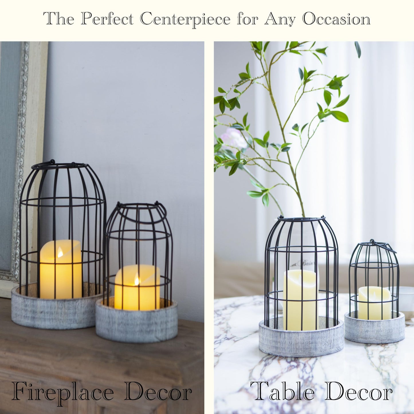 Perfnqiue Farmhouse Lantern Decor, Candle Lantern Decorative for Home Decor, Rustic Lantern Candle Holder Set of 2 for Living Room, Wooden Centerpieces for Kitchen Dining Table, Ideal Gift (White)
