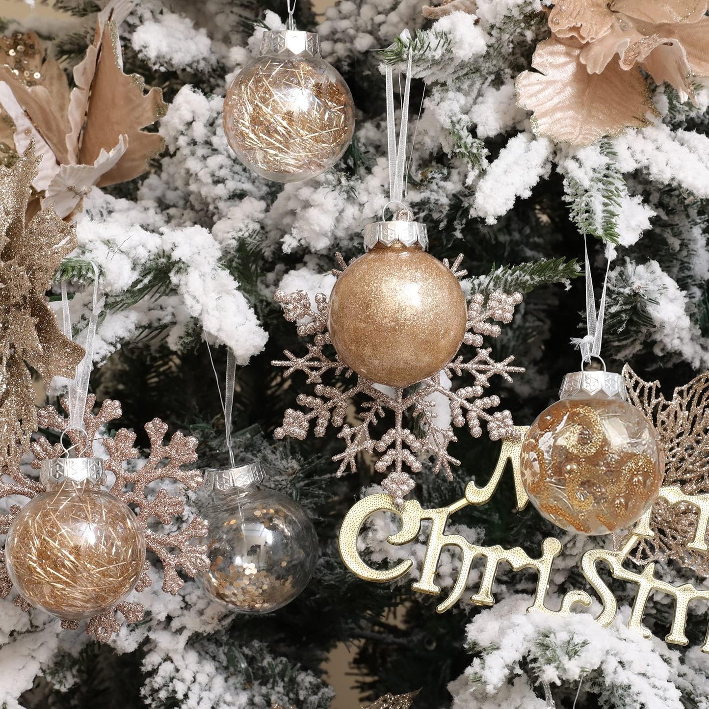 Wironlst Christmas Ball Ornaments Shatterproof Clear Large Plastic Hanging Ball Decorative Baubles Set with Stuffed Delicate Decorations (Multi-Size, Champagne)