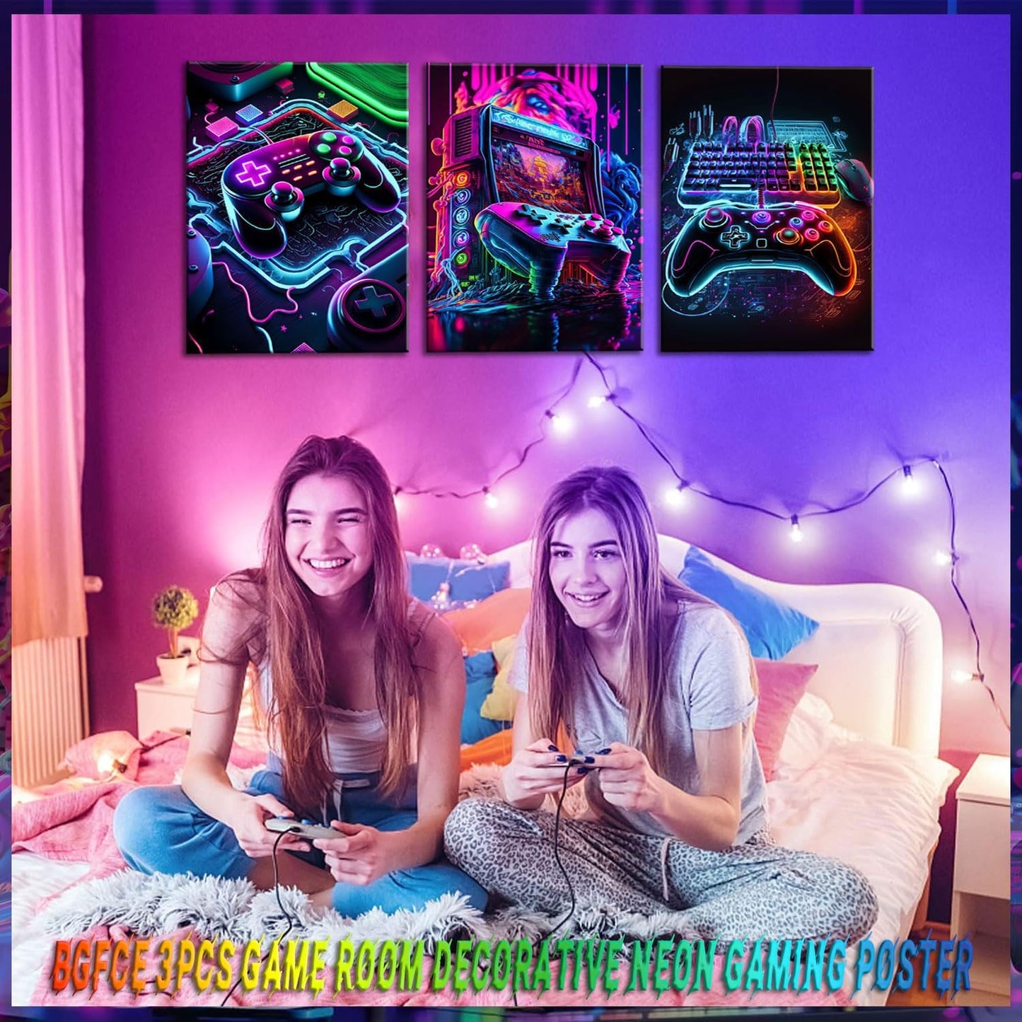 BGFCE Neon Gaming Accessories Canvas Wall Art Set of 3 | Framed Posters for Game Room Decor 16x24in