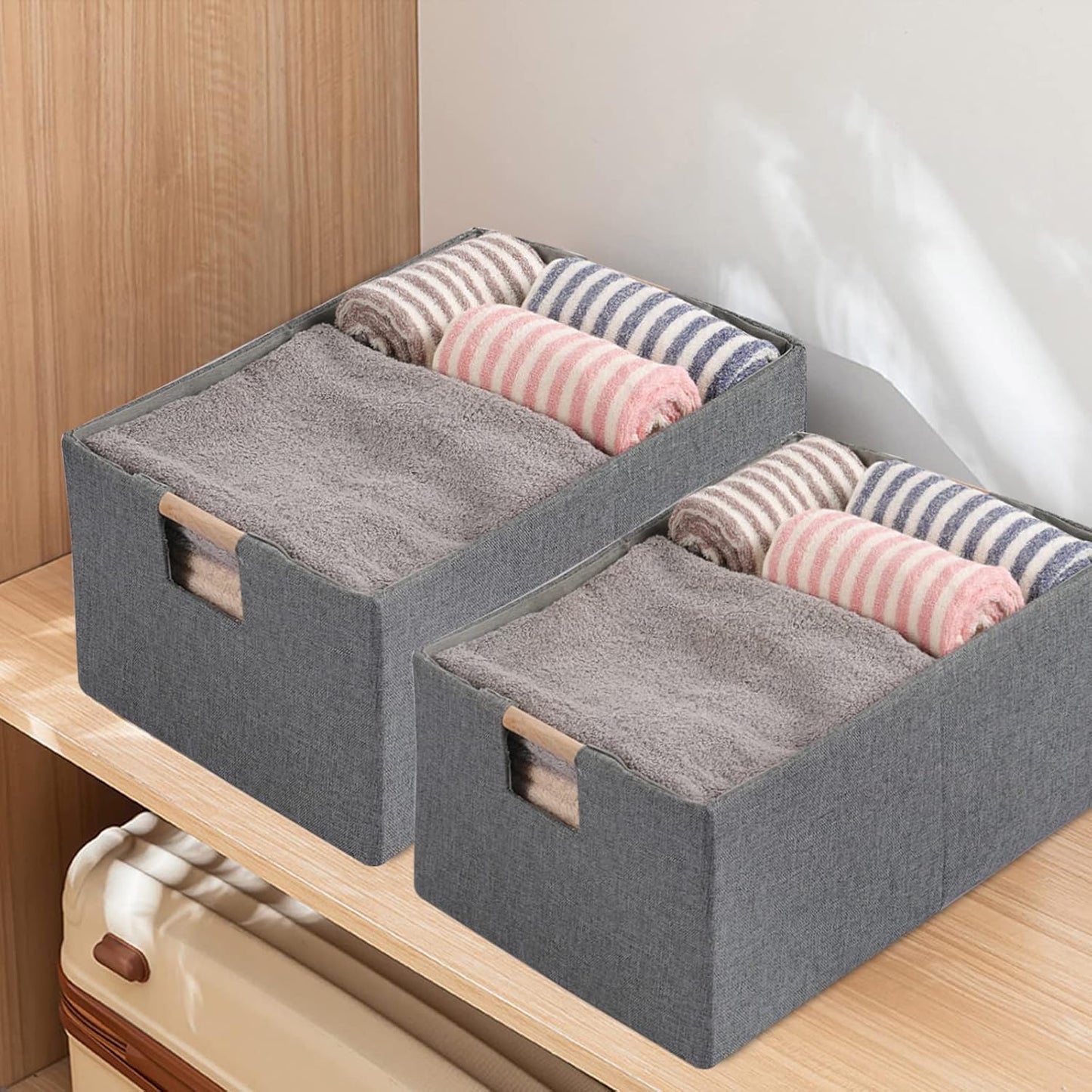Skiennix Fabric Storage Bins - Foldable Cotton Linen Baskets with Wooden Handles | Gray, Small, 3-Pack