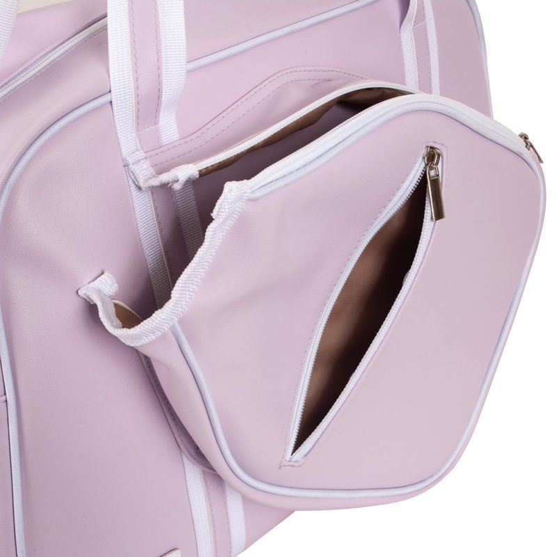 Purple PU Leather Women Sports Shoulder Gym Bag Pickleball Duffle Bag Pickleball Tote Bag with Front Pocket for 2 Paddles, Inner Storage Pockets, Mesh Water Bottle Holder and Adjustable Shoulder Strap