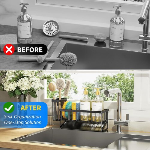 Cisily Sink Caddy - Rustproof Kitchen Organizer with Brush Holder & Self-Draining Tray | Sponge & Soap Storage