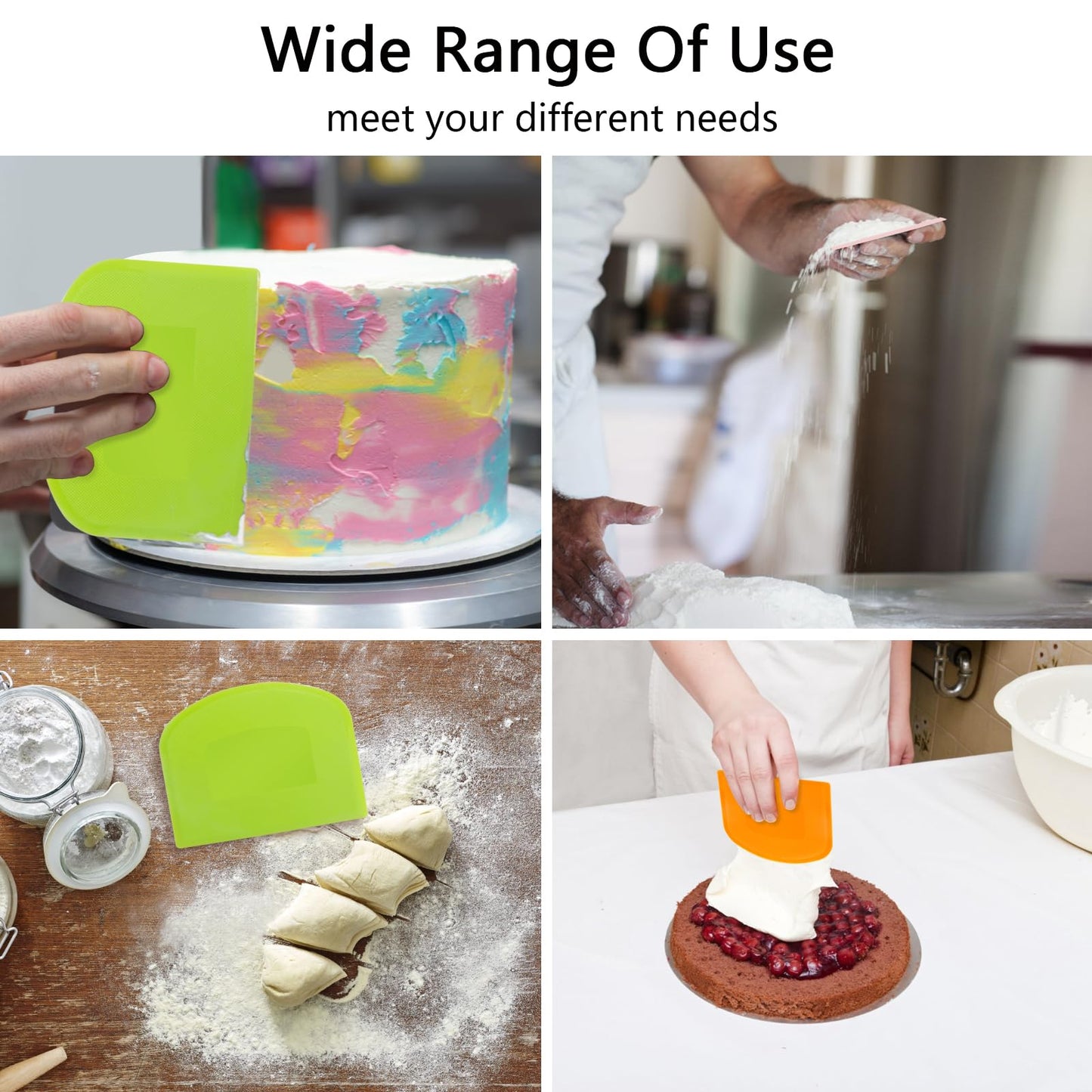 CEWIFO Dough Scraper Bench Scraper for Baking, 4 PCs BPA Free PE Plastic Flexible Bowl Scraper, Food-safe Plastic Dough Cutter for Bread Cake Dough Fondant Icing (White, Green, Orange, Pink)