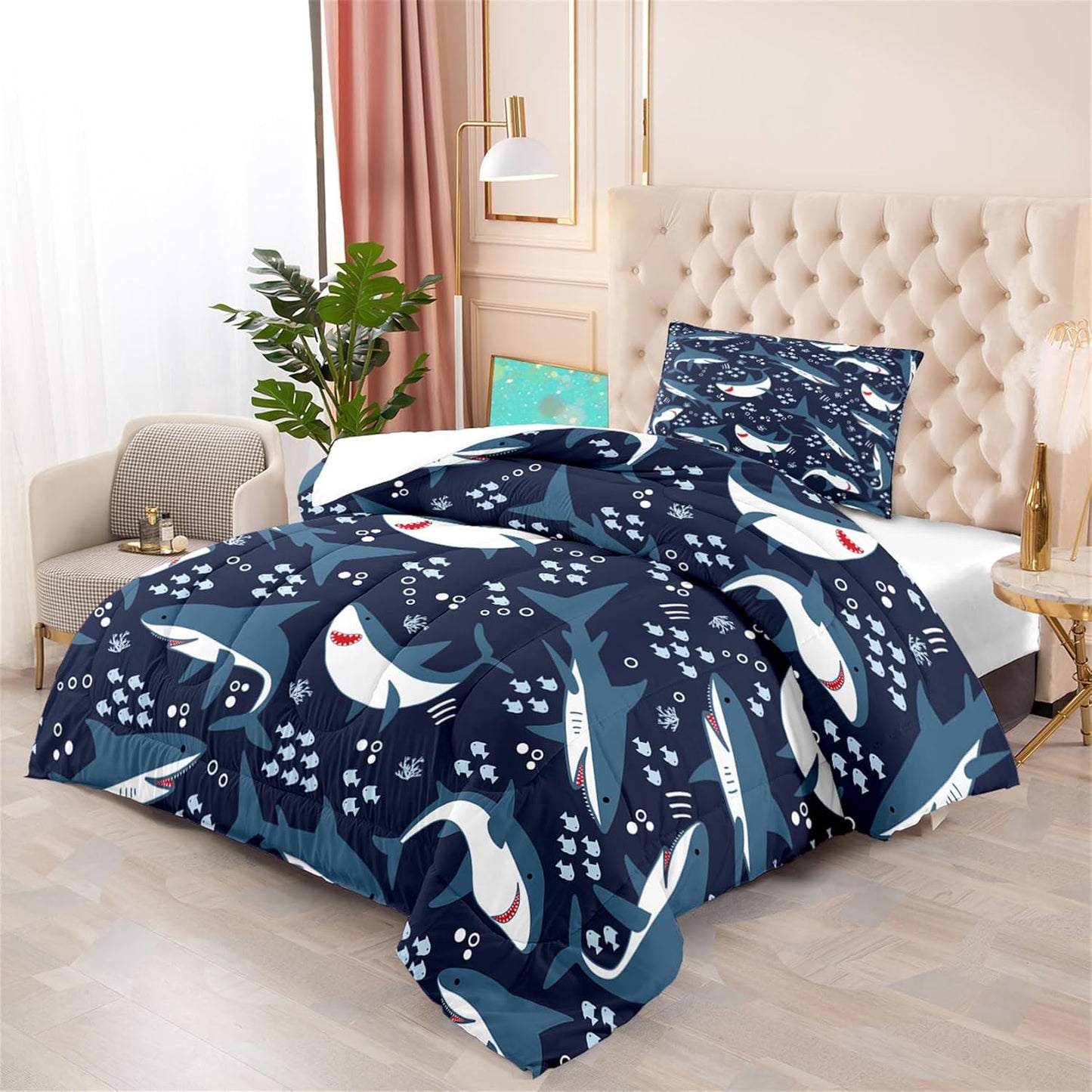 Cute Cartoon Dinosaur Bedding Set, Ultra Soft Full Size Comforter Set for Boys, Lovely Dinosaur Printed Comforter for Kids Teens, Dark Blue Microfiber Quilt for All Season 3Pcs with Pillowcases