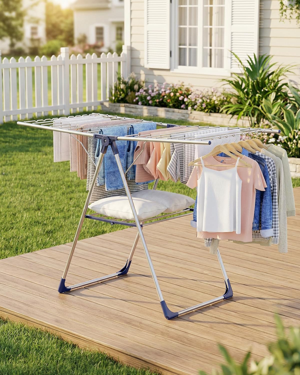 Sakugi Clothes Drying Rack - Height-Adjustable Metal Laundry Dryer Stand for Indoor & Outdoor Use | 55.5" L × 22.8" W, Silver Blue