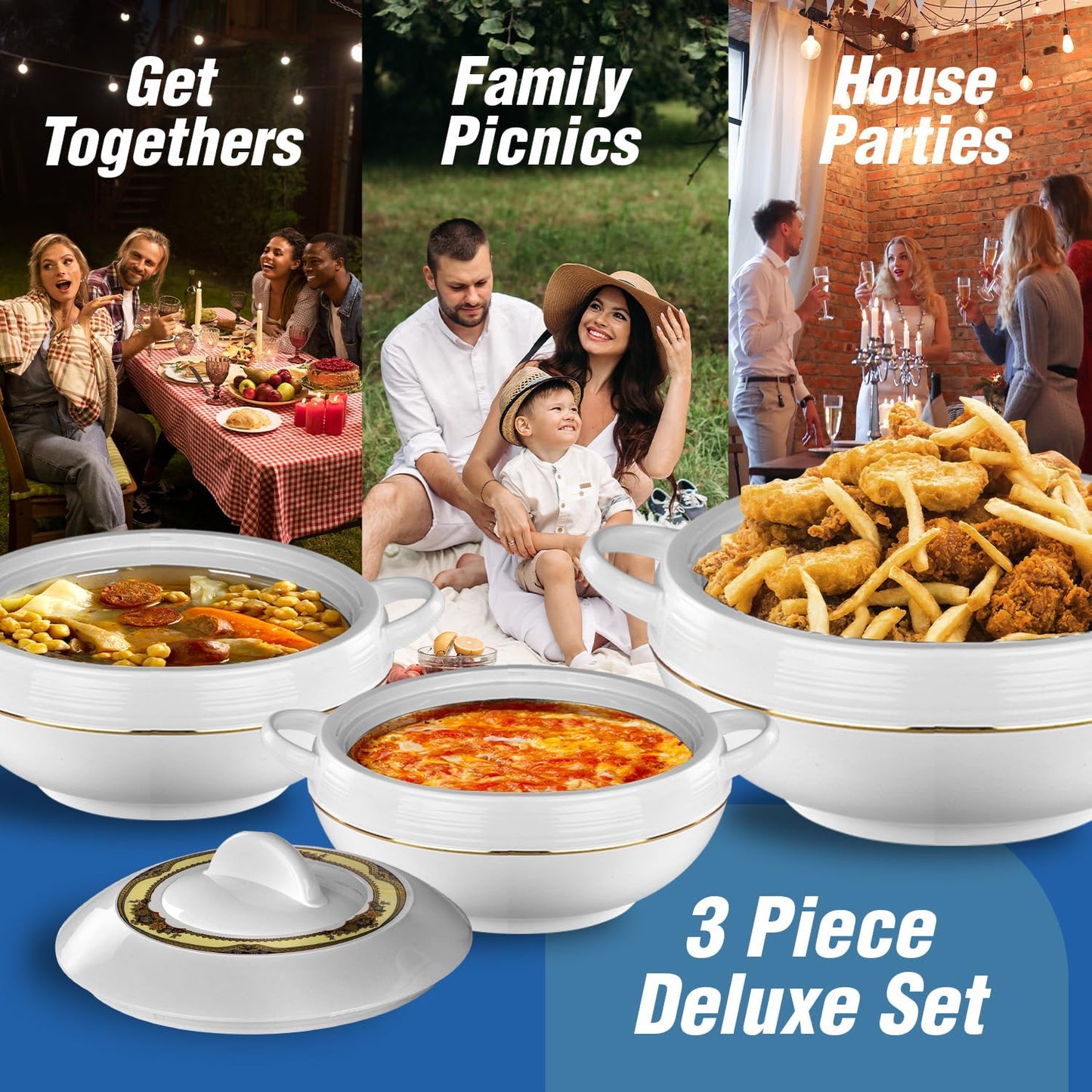 Ambiente Food Warmer Hot Pot Set Of Insulated Casseroles 1.2 1.6 And 2.5 Litre (White)