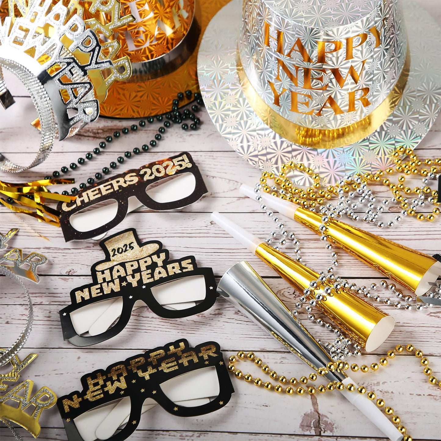 ShinyMatch 39 Pcs New Years Eve Party Supplies 2025 New Year Decorations 12 Noise Makers 3 Black Silver Gold Party Hats 6 Tiaras 6 Necklaces 6 New Year Glasses 6 Horns for New Year Favors(Eve Hat)