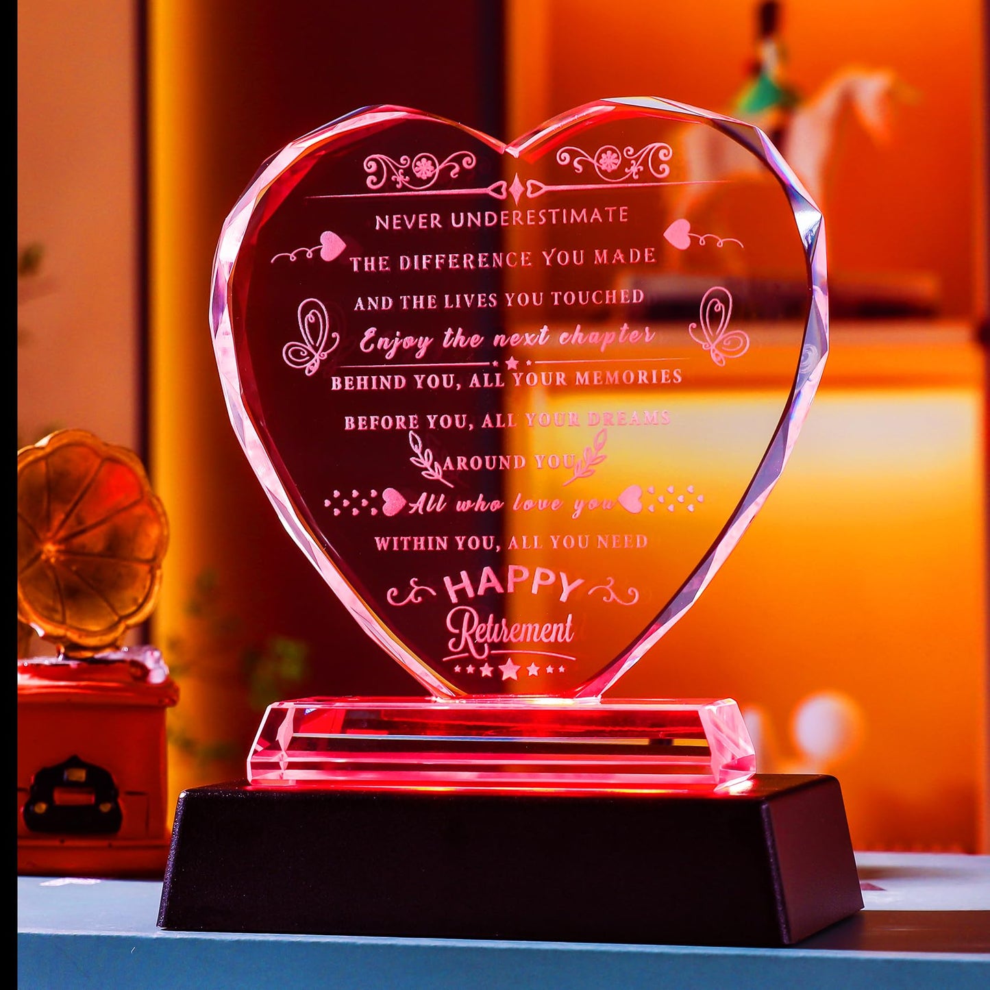 YWHL Retirement Gift for Woman 2024 with LED Base Best Retirement Gifts Ideas for Men Happy Retirement Appreciation Gift for Coworkers Crystal Heart Plaque Going Away Farewell Goodbye Gift for Retired