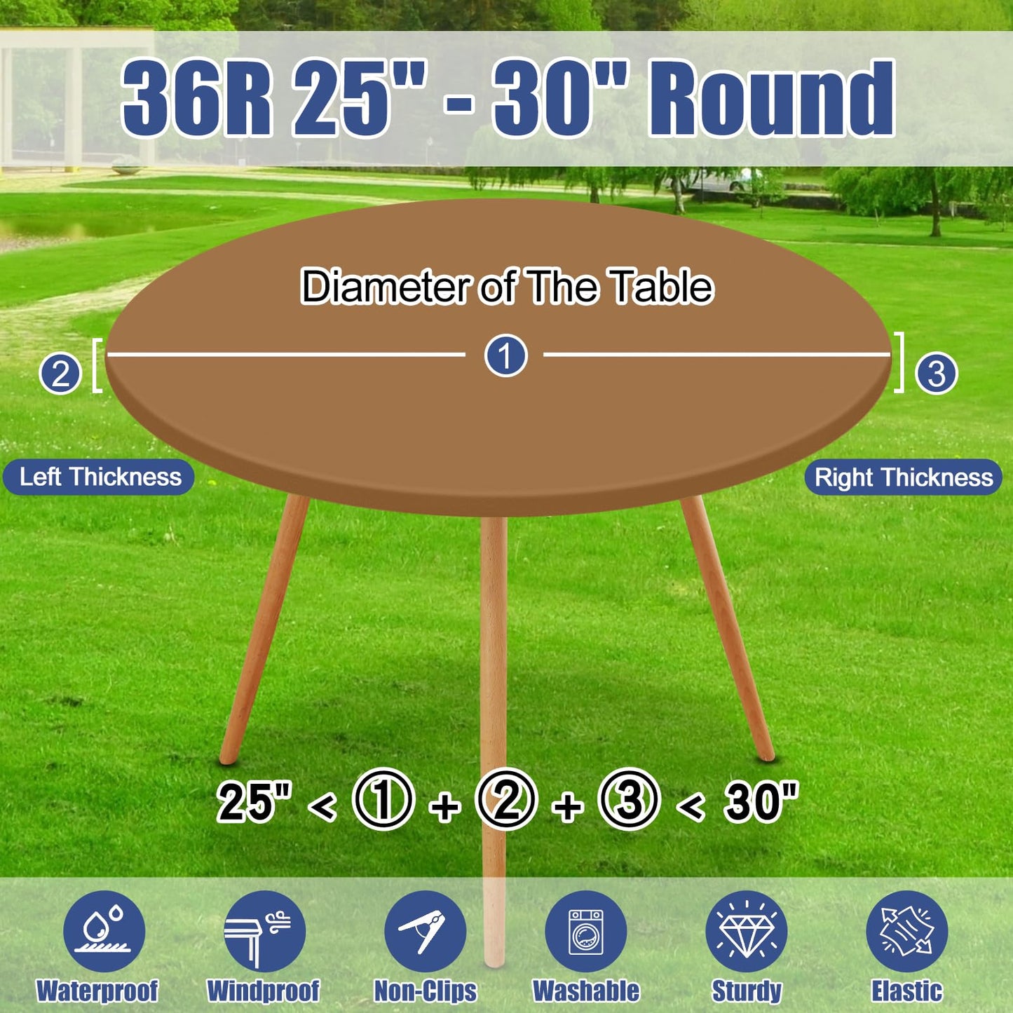 Moosfor Round Spandex Tablecloth, Elastic Fitted Waterproof Tablecloths for 25"-30" Tables, Stretch Washable Picnic Table Cover for Camping, Dining, Indoor and Outdoor,Brown