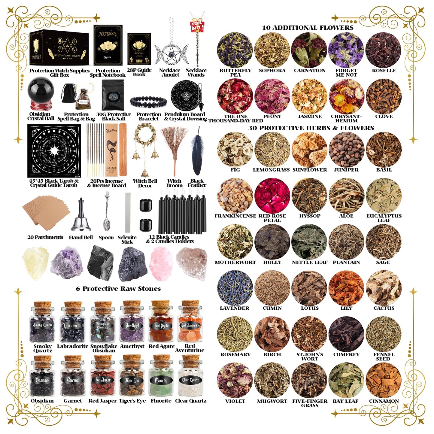 SHYSHINY Wiccan Supplies and Tools for Protection, 130Pack Witchcraft Supplies Witchy Gift for Beginners, Dried Herbs, Crystals, Candles, Witch Starter Spell Kit