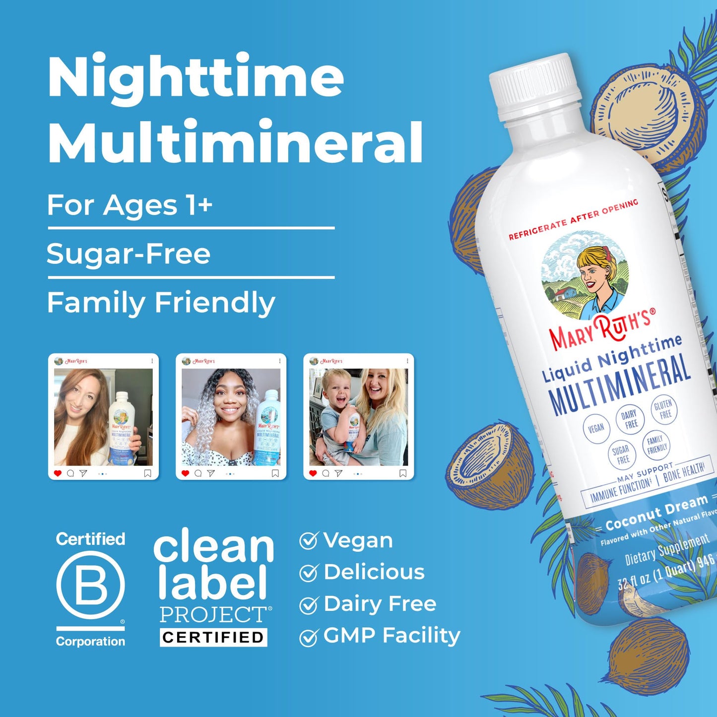 MaryRuth's Liquid Nighttime Multimineral | No Melatonin | Bedtime Routine | Magnesium Citrate | Calcium | Zinc | Vitamin D3| Available in 4 Flavor - Vegan | Sugar Free | Gluten Free | 32 Oz